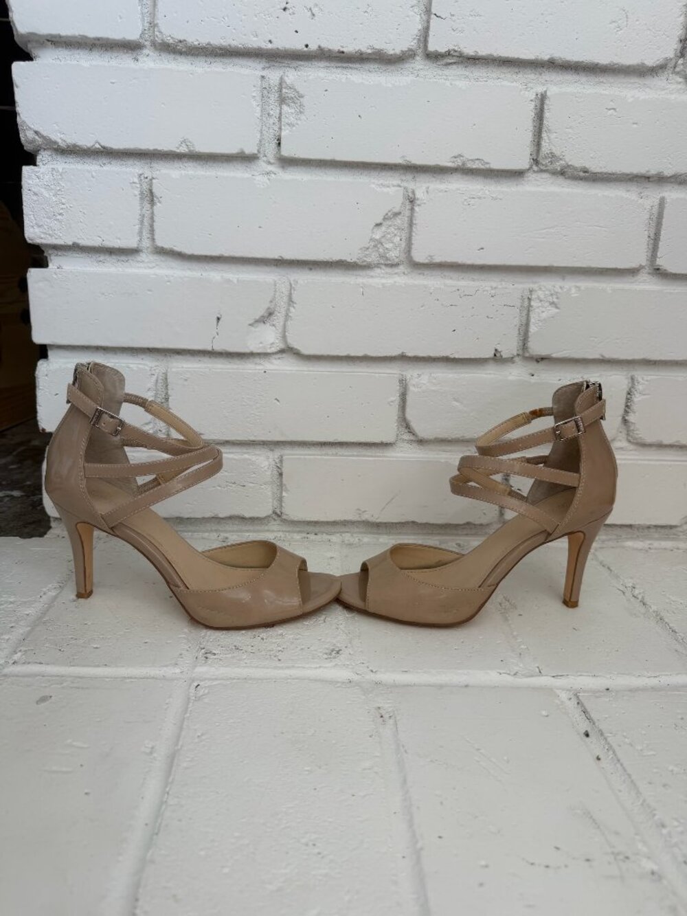 Calvin Klein Kalani Nude Patent Strappy Stiletto Sandals Size 6.5